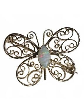 14K Filigree Marquise White Opal Butterfly Brooch Open Scrollwork Gold Filled